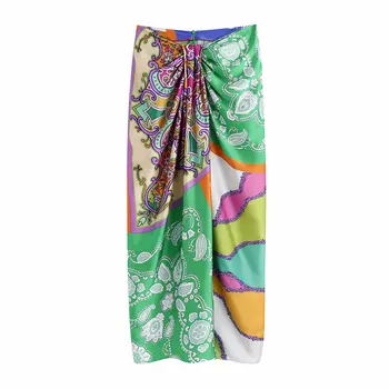 Summer new women's clothing European and American style high waist knotted mid-length floral print skirt women