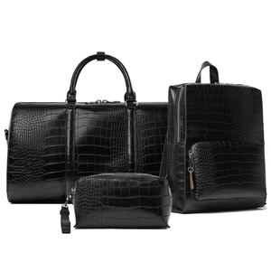 Custom Logo Luxury Black Croc Leather Duffel Weekender Travel Bag and Backpack Set for Men