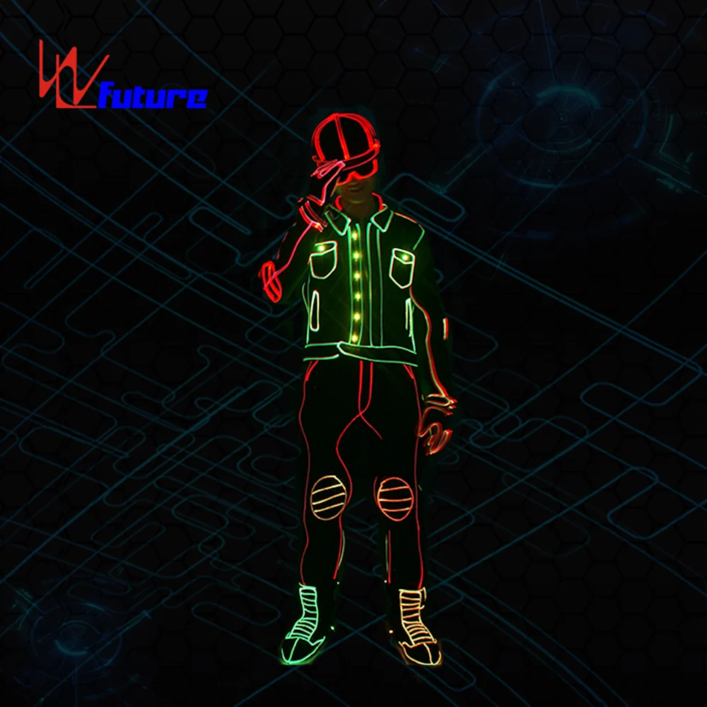 미래형 프로그래밍 가능한 풀 컬러 광섬유 라이트 트론 댄스 슈트 LED 라이트 소년 그룹 댄스 의상 레이브 의류 LED 의류
