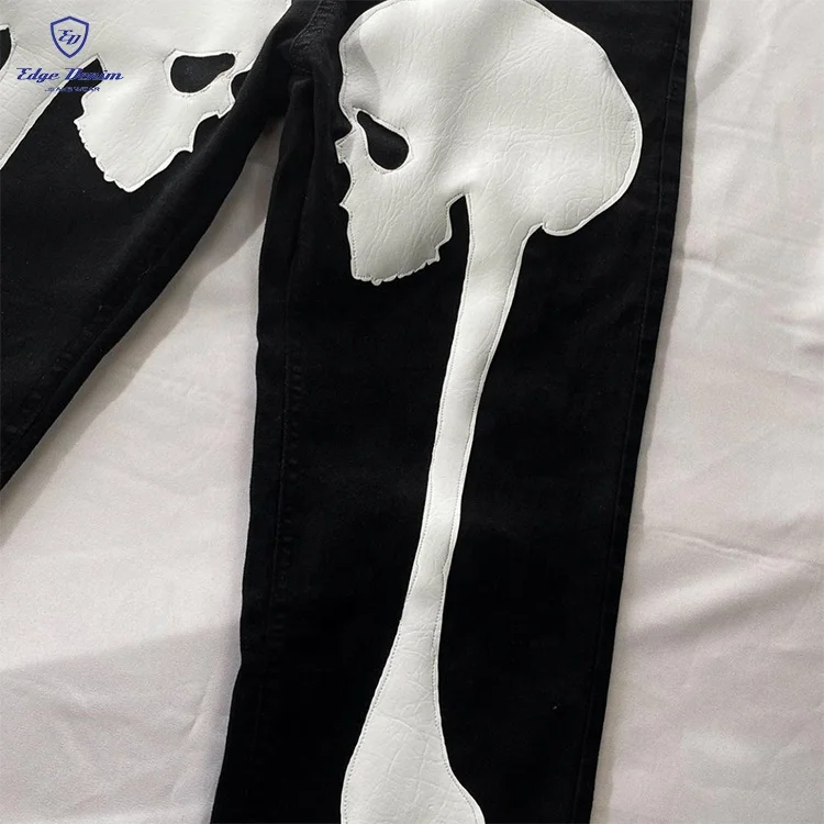 EDGE DENIM Custom Straight Leg Fit Stacked Halloween Jeans Pants Embroidered Bone Skeleton Skull Patch Jeans for Men