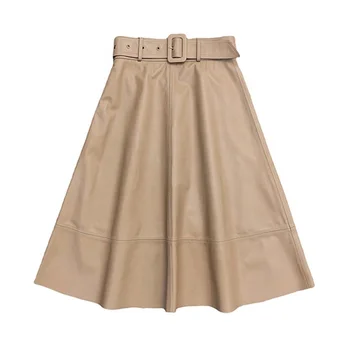 New Fashion Knee-Length Handmade Pleated Mini Long Women Brown Leather Skirts