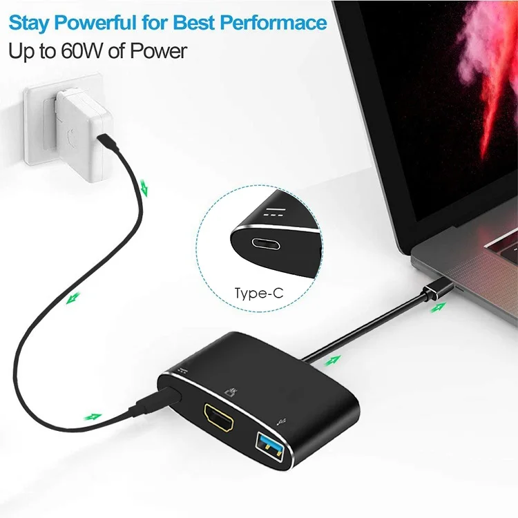 
 High Speed 3 in 1 USB Type C Hub 3 in 1 to 4K USB3.0 PD Fast Charging Hub for Macbook and Type C Windows Laptop  