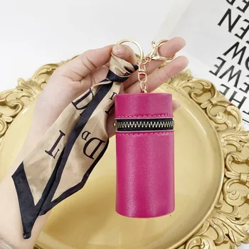 European American Retro Mini Bucket Bag Cute Solid Color Leather Keychain Earphone Lipstick Case Coin Purse Car Keychain Styles