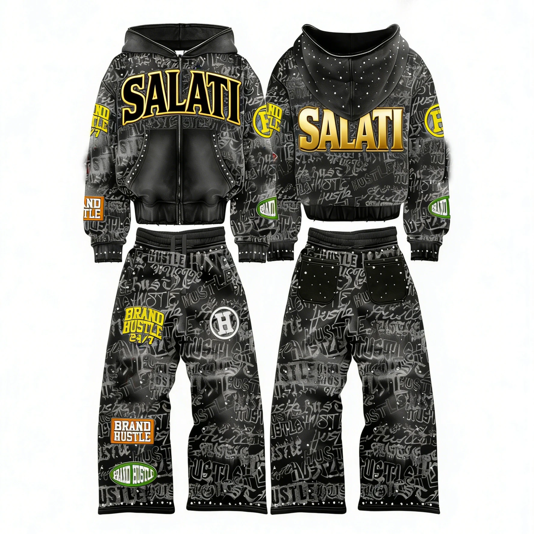 Salati 2 Piece Custom Acid Wash Embroidered Flared Sweatpants Tracksuit Vintage Streetwear Heavyweight Cotton Zipper Hoodie gallery 3