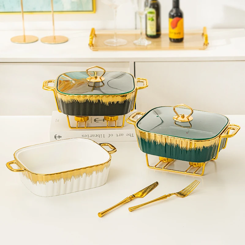 SYL Luxury  New Rectangular Gold Edge Ceramic Bakeware Casserole Ceramic Pot with Glass Lid Griddles Grill Pans Baking Tray