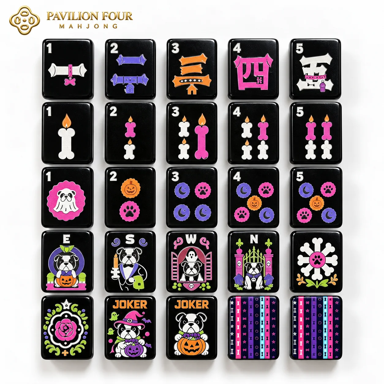 Custom Black Halloween Bulldog Pattern American Mahjong Tiles,  Acrylic Mahjong Set,  Themed Game Set for Gift & Wholesale