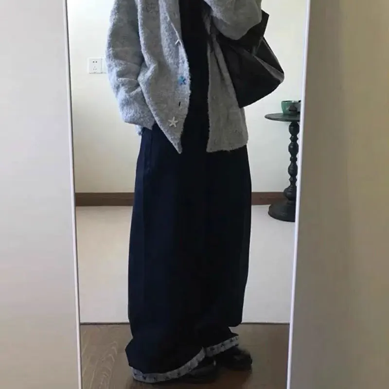 Design Bowknot Plaid Patchwork Denim Jeans for Women Spring Season Plus Size Loose Wide-leg Pants