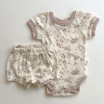 Baby floral short-sleeved rompers baby girl thin cotton soft home wear suit air conditioning shorts two-piece set