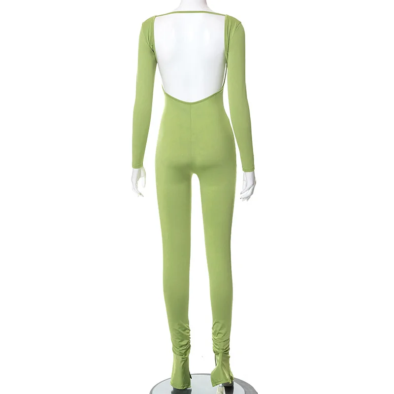 Good Quality Fashion Backless Sexy Slim Fit Long Sleeve Green Ruched One Piece Jumpsuit Women 4561