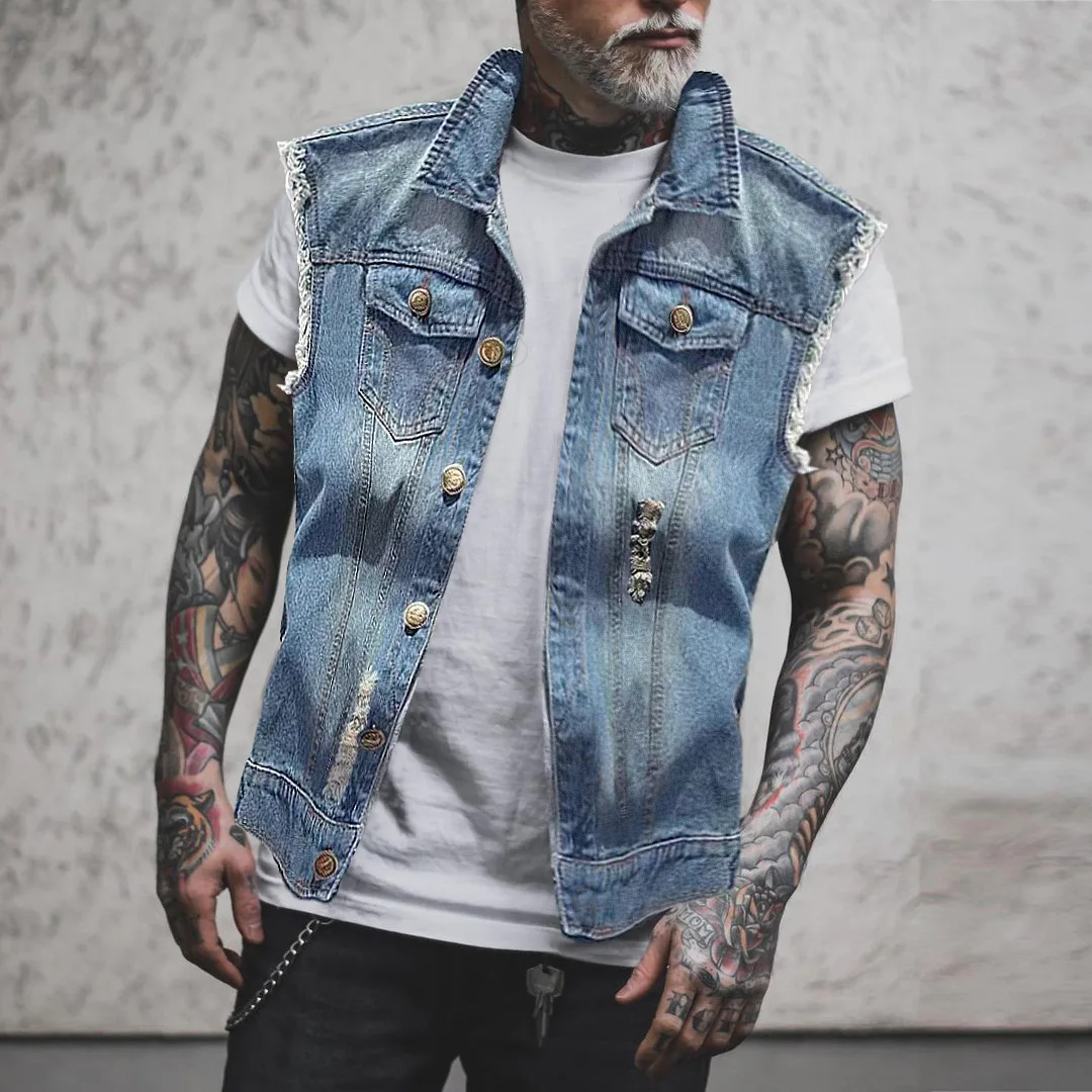 Vintage Denim Vest Jean Vest Black Denim Motorcycle Black Blue Biker Viking Graphic Sleeveless for Men supplier