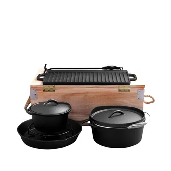 7-Piece Pre-Seasoned Cast Iron BBQ Cookware Set Metal Outdoor Camping Gear with Wooden Box