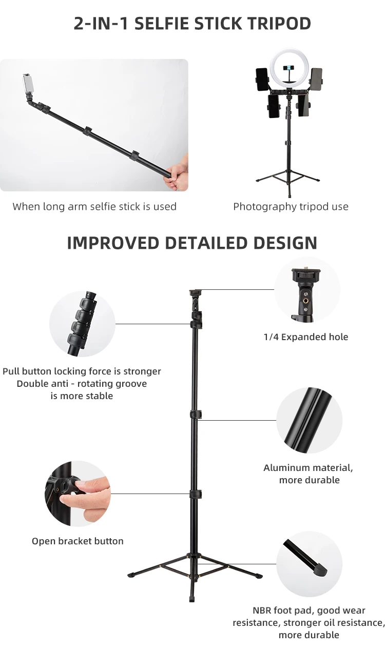 Fotopro Stretchable Ring Light Stand Tik Tok Live Streaming Smartphone 2 In 1 Selfie Stick Stand