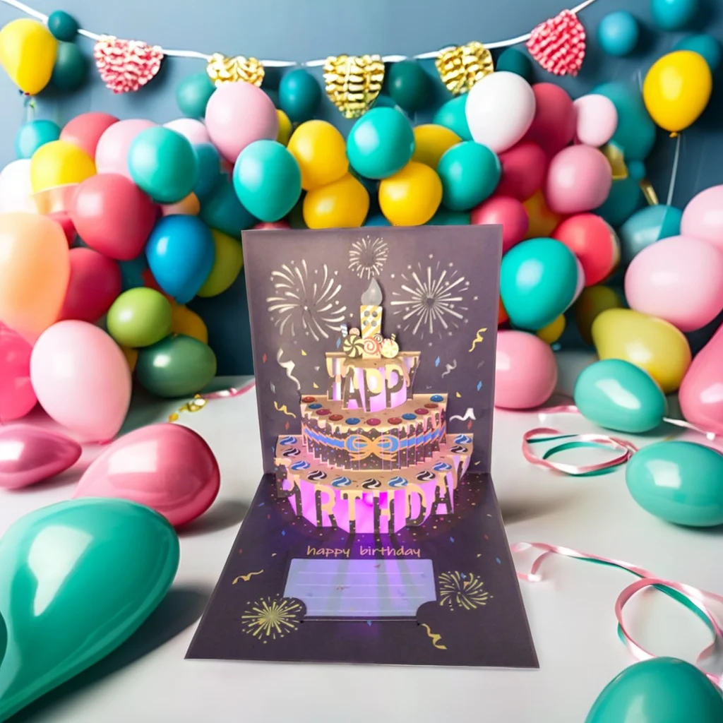 2024 Bulk 3D Pop-up Happy Birthday Greeting Cards Music Blowable Candle for Kids Women Offset Printing Hot Stamping Christmas