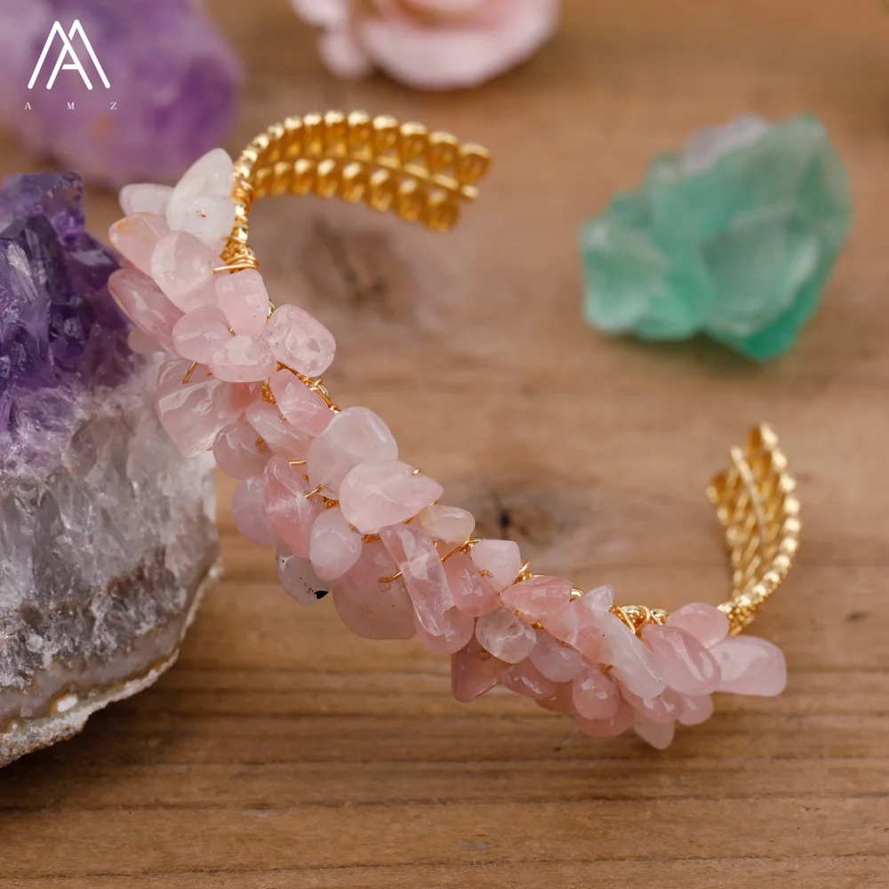 Mineral Stone Open Cuff Bangle Wire Wrapped Crystal Bracelets Natural  Amethysts Citrines Kyanites Quartz Bracelet,Pink Tourmaline