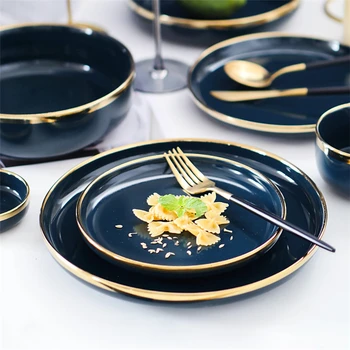 Wholesale Luxury Dinnerware Artistic Ceramic Golden Bone China Dishes and Plates  Dinner Set 62pcs Nordic Tableware From m.