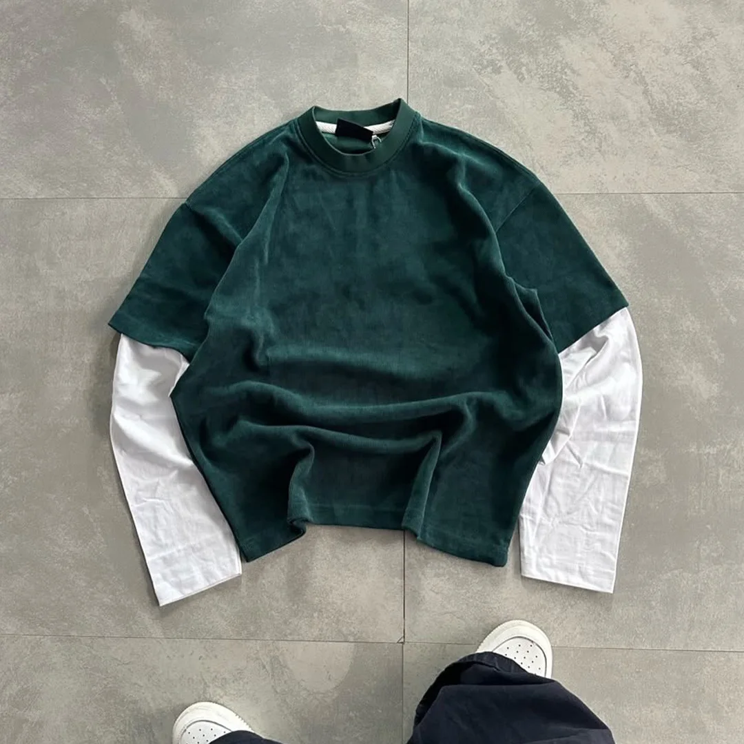 Aangepaste Vintage Straatklere Mans 100% Katoen Rondhals Langmou-T-shirt 300GSM Dubbellagige Swaar Oorskrydende Langmou-T-shirt