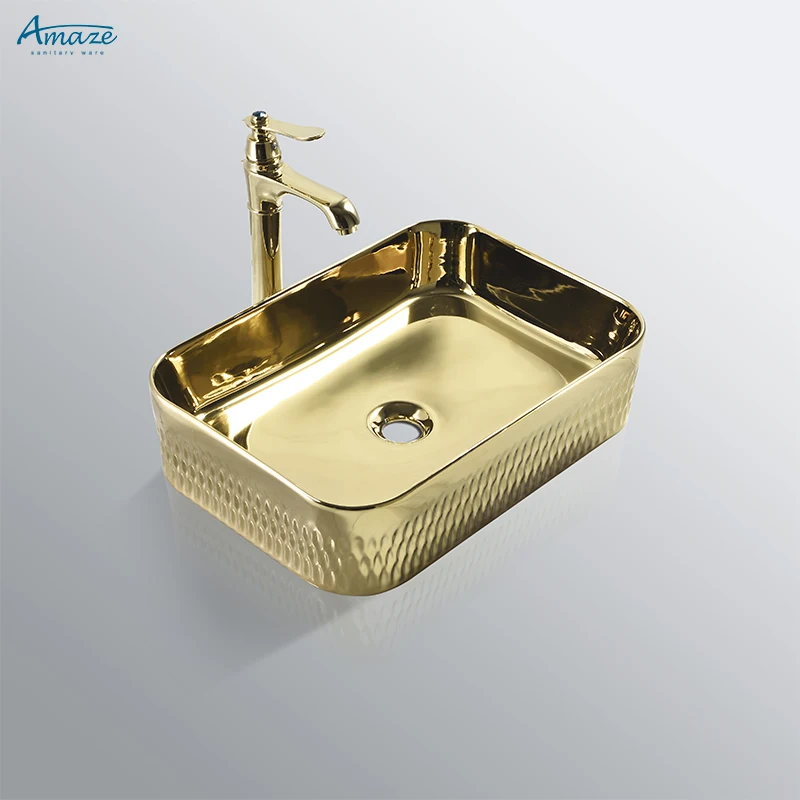 Factory hight quality colour sanitary ware easy clean gold-plated countertop wash hand basin bathroom ceramic sink for hotel supplier