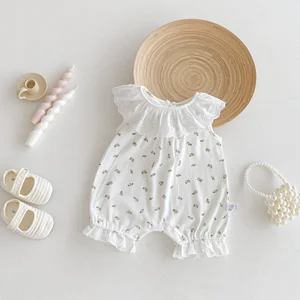 Super Cute Korean Style Princess Sleeveless Romper for Girls Summer Floral Onesie O-Neck Collar Lace Casual Baby Clothing