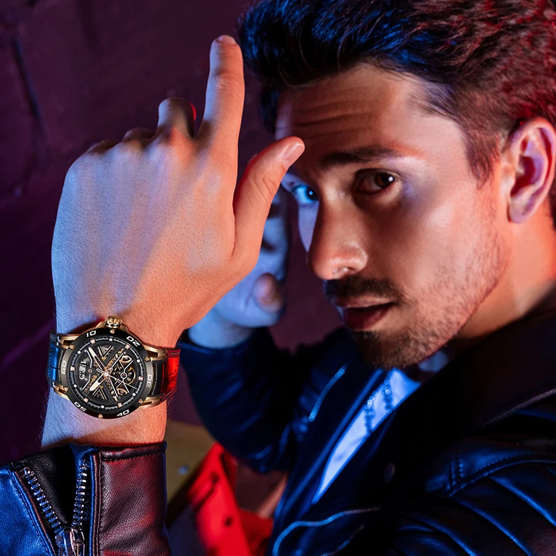 Bonest Gatti New Design  Genuine Leather Luxury Automatic Mechanical Watch Waterproof 5ATM Movement  Watch for Men BG4601