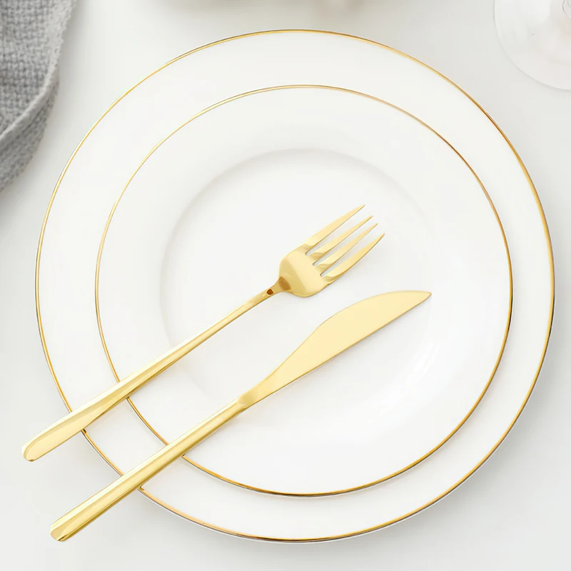 Round White High Quality Bone China Flat Plate With Gold Rim