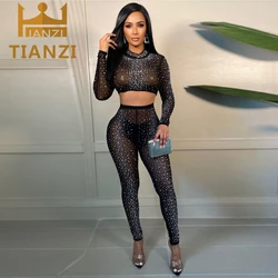 W81022 - 2021 горячая Распродажа брюк и топ сексуальный сетчатый Женский комплект из двух предметов с длинным рукавом