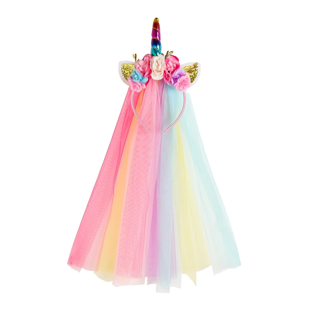 PC Rainbow Unicorn Headband Glitter Cat Ears Headband With Long Tulle