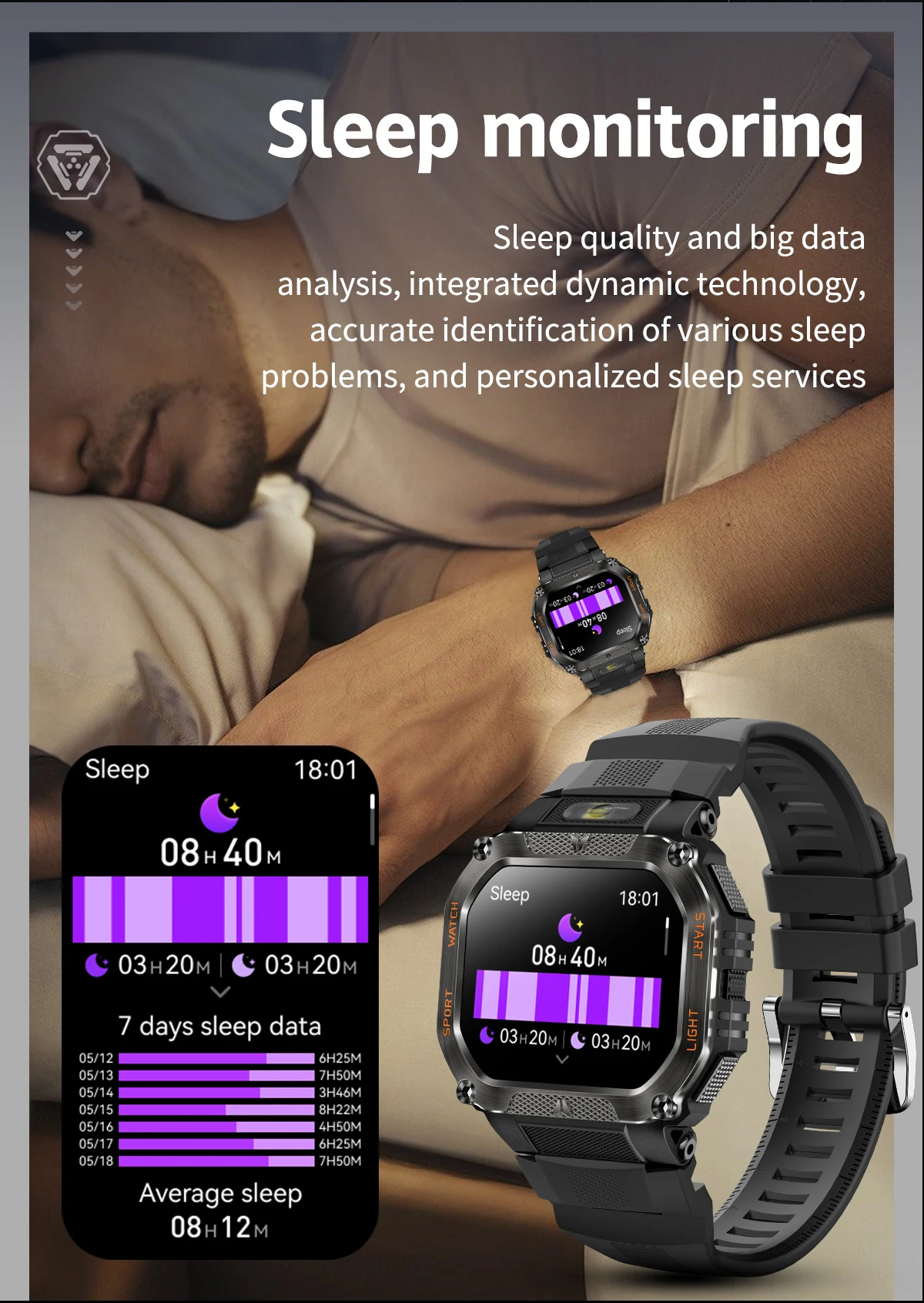 product laudtec men outdoor smart watch led flashlight bt calling voice assistant large screen sports smartwatch wearable device sb004-8