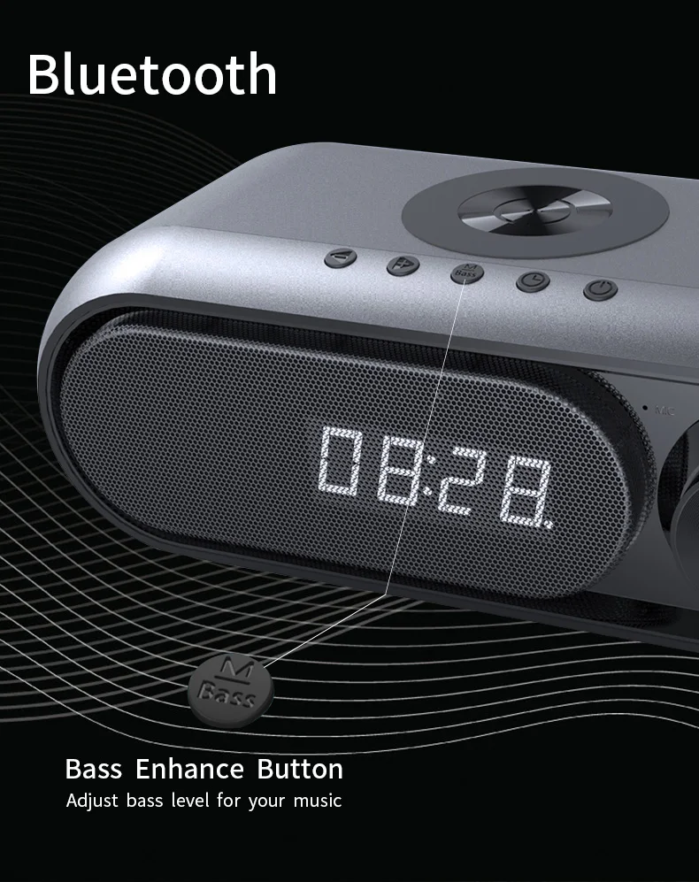 2021 Multifunction Portable Wireless Charging Column Alarm Clock Stereo Sound Music Player FM Radio Speaker with Microphone