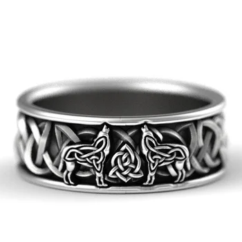 Huitan Fashion Two Wolves Vintage Carved Rings Rock Hip-hop Weave Ring for Women Men Accessories Dainty Band Ring