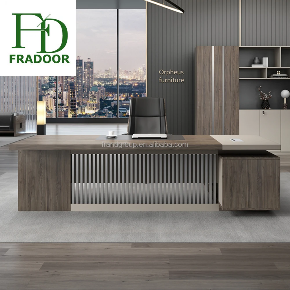 Luxury Popular MDF Composite Wood Large Size Director Marble Texture Office Desk With Book Cabinet