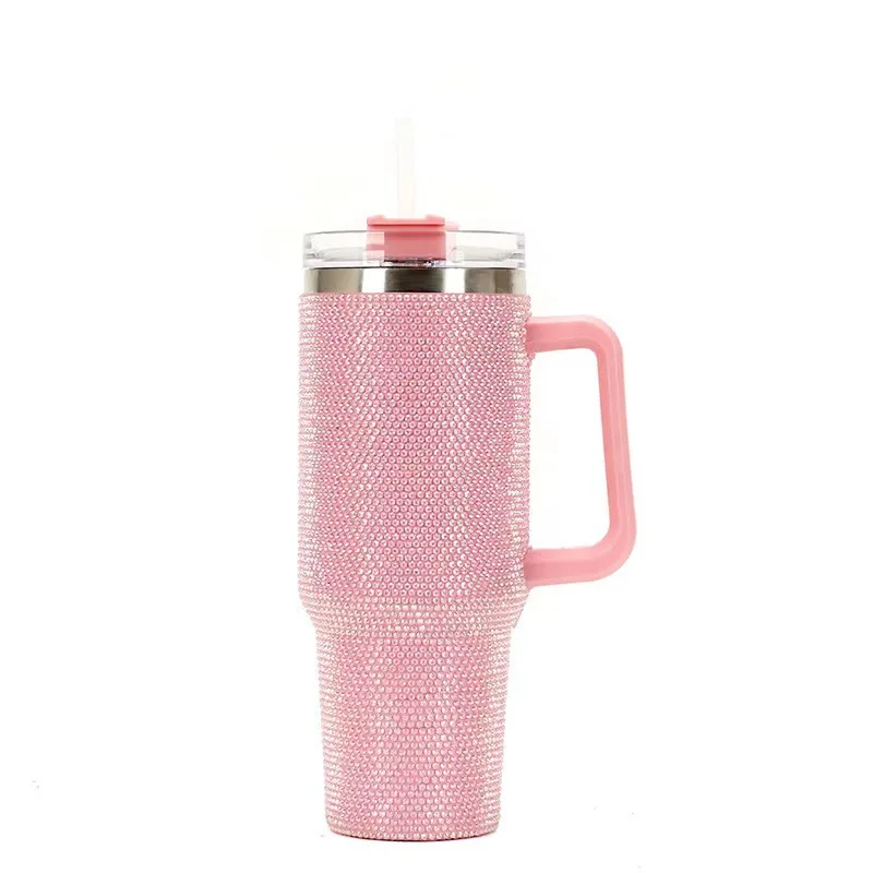 White Pearl Rhinestone 40 oz Stainless Steel Tumbler with Handle