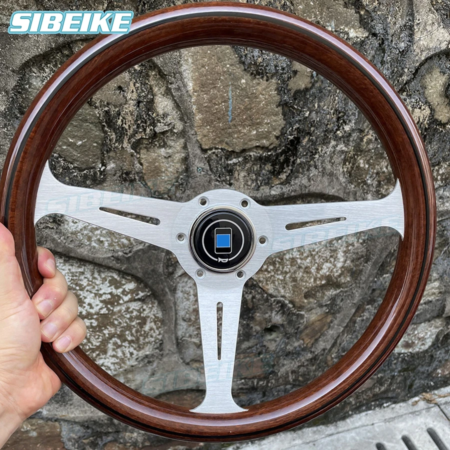 Jdm Classic Wood Style Steering Wheel Black Silver Spoke Vintage Racing