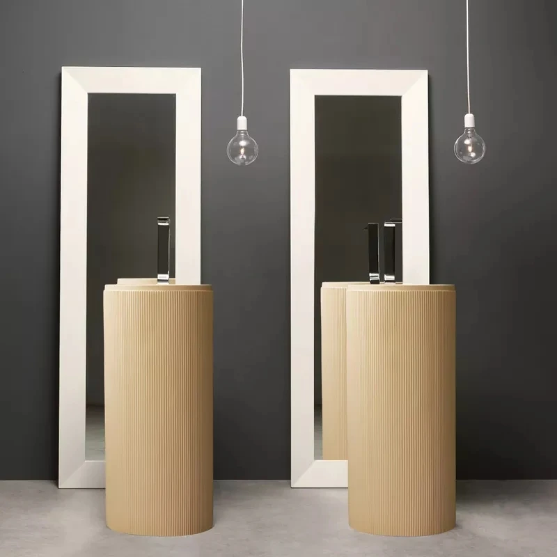 Modern bathroom washroom artificial stone cylindrical freestanding floor pedestal hand wash basin sink for hotel supplier