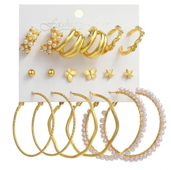 Wholesale Fashion Cheap Various Style 9 Pair In One Set Gold Butterfly And Star Stud Earrings Big Hoop Women Jewellery Earrings