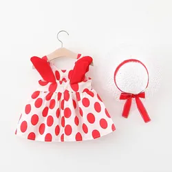 Summer new girls big dot wings princess dress send hat beach skirt