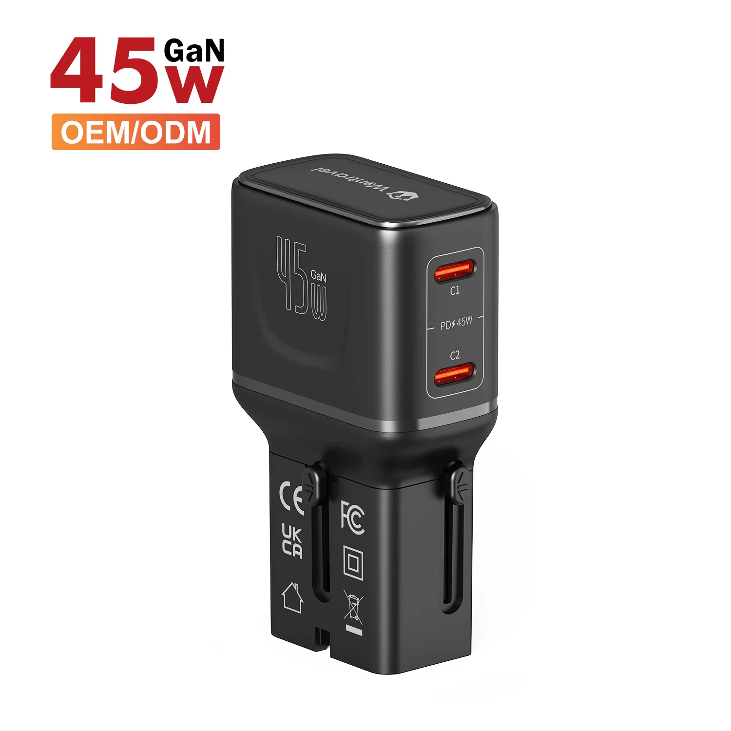 For PD45W Mini All-in-One PD 3.0 Laptop Travel Plug Adapter Dual Fast Charging Ports Fire Retardant Electric Universal