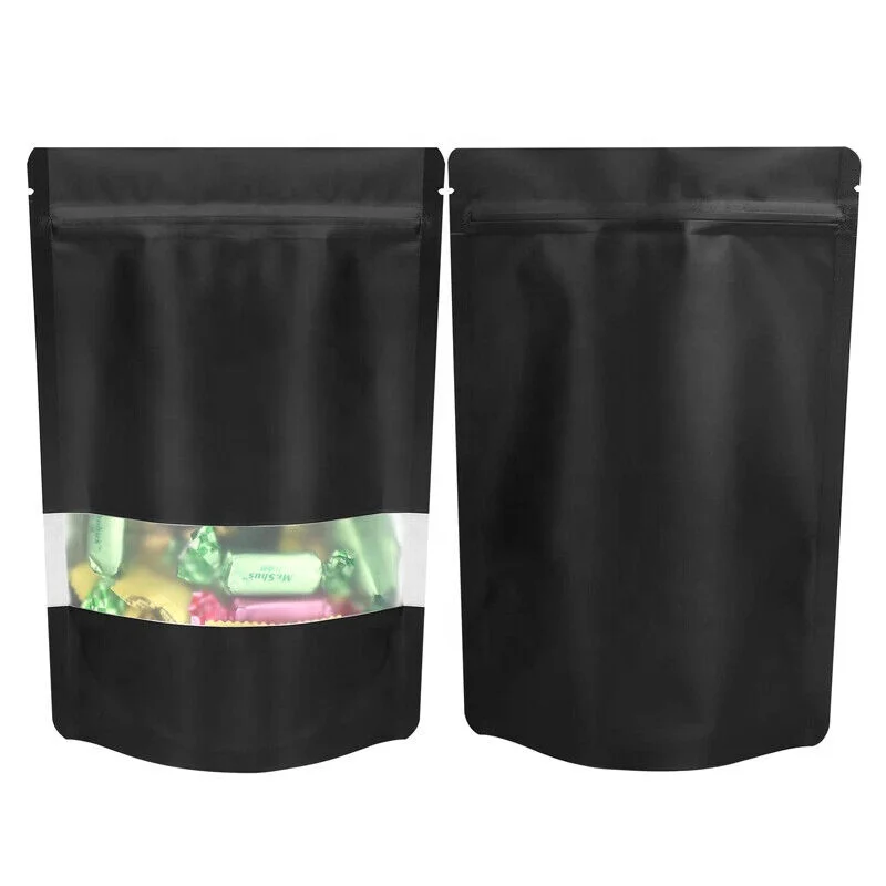 Custom Packaging Resealable Matte Zip Lock Plastic Stand up Pouch With Window Black Mylar Bags