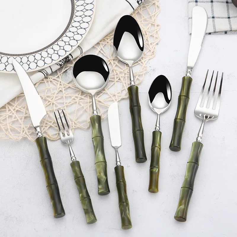 New Unique Resin Bamboo Handle Silverware Fork Knife Spoon Spreader Stainless Steel Bamboo Cutlery Set
