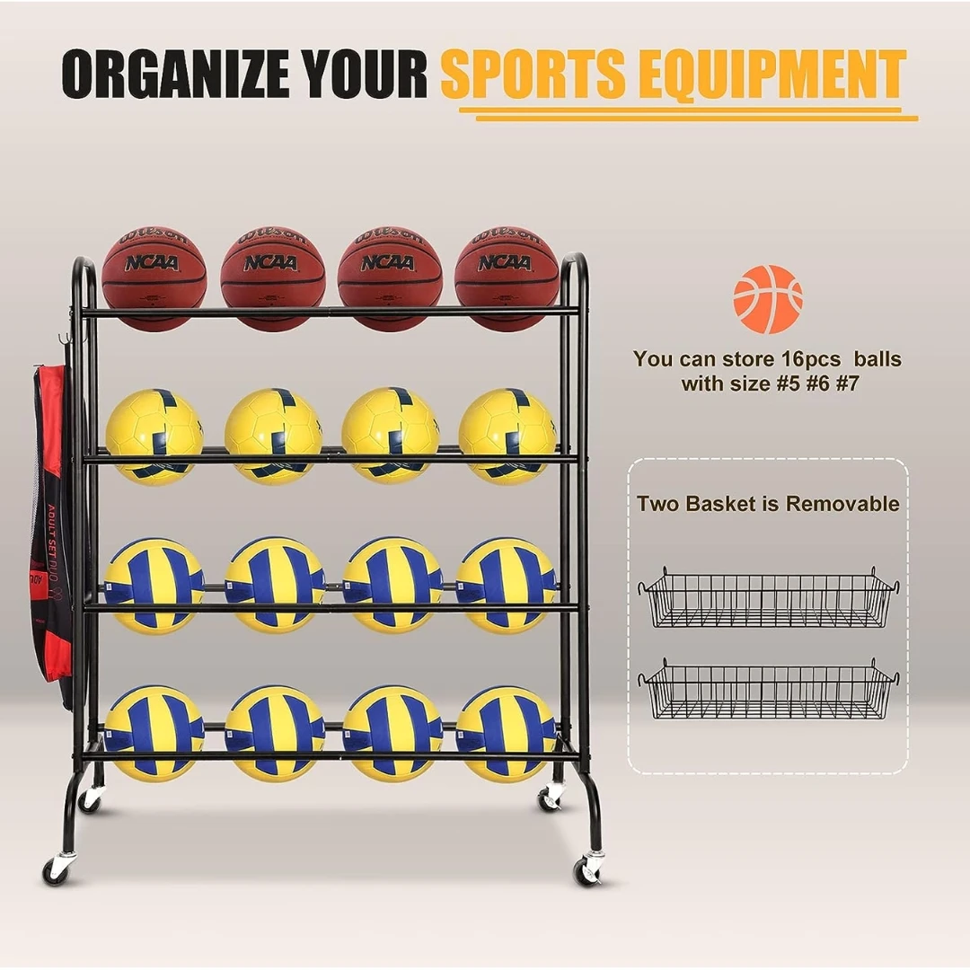 Ball Storage Garage Rolling Sports Equipment Storage Cart With Baskets
