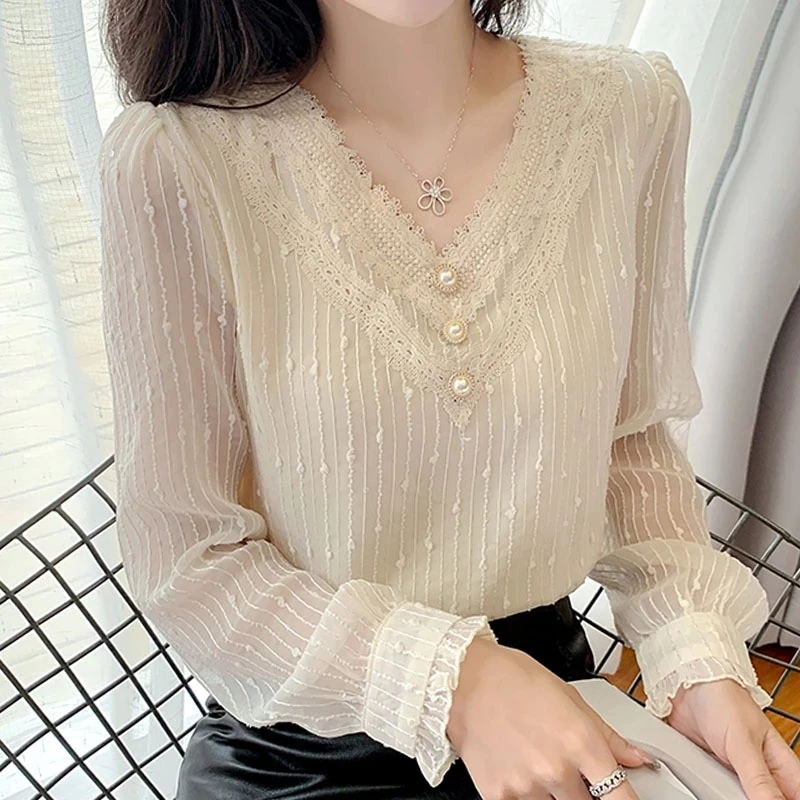 타낫#더바넷 ファッション SINOON V-Neck Lace Collar Lace Blouse