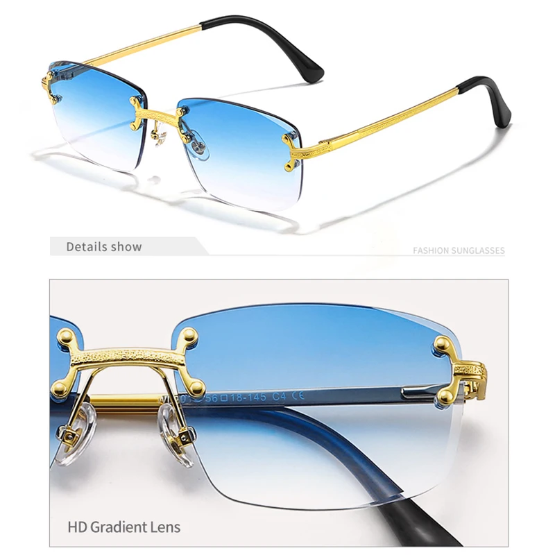 Classic Oversized Square Sunglasses Semi Rimless Gold Alloy Frame UV400 Unisex Luxury Rimless Square Sunglasses for Men - Gold Alloy Frame  main image 4