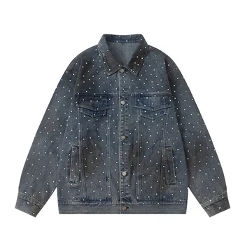 STARLIGHT High End Customize Oversize Women Denim Jacket Heavyweight Rhinestone Vintage Men Denim Jacket Dark Blue