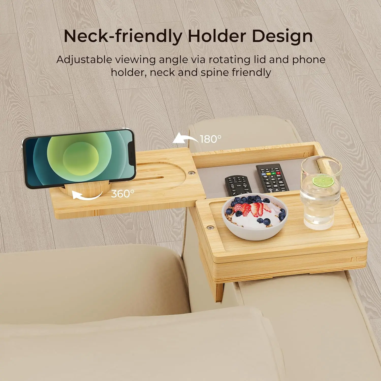 Double Layer Bamboo Couch Arm Tray with 2 Rotatable Tray, Adjustable Sofa Arm Clip Table with Storage Box & 360° Phone Holder