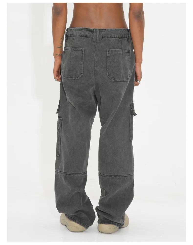 2024 Poches latérales design cargo pour jean gris droit ample gris foncé pour hommes_voghion.com