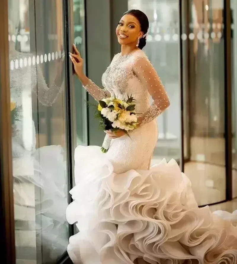 knee length dresses for ladies NumberSea-Reception Little White Dresses Wedding Dresses A-Line V Neck Long Sleeve Ankle Length Chiffon Bridal Gowns with Solid Color main image 0