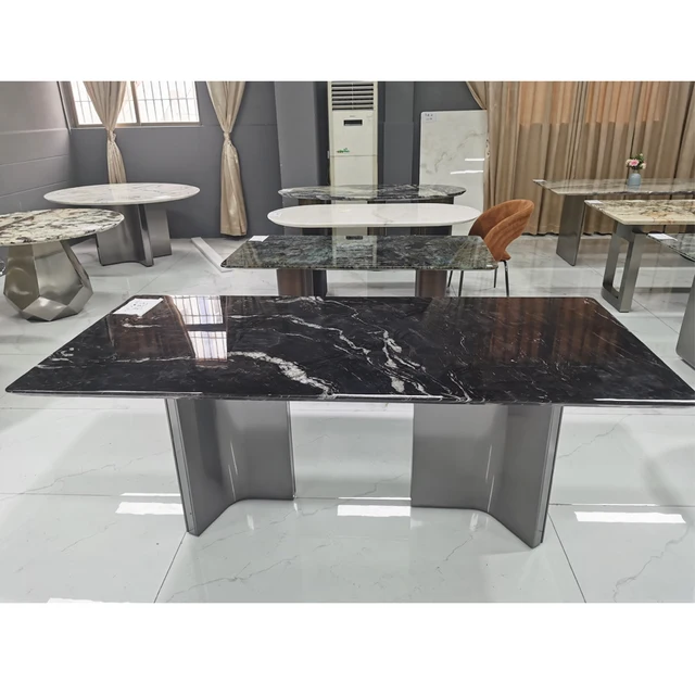 Upscale restaurant furniture black natural marble dining table and chair set stainless steel table legs kitchen furniture