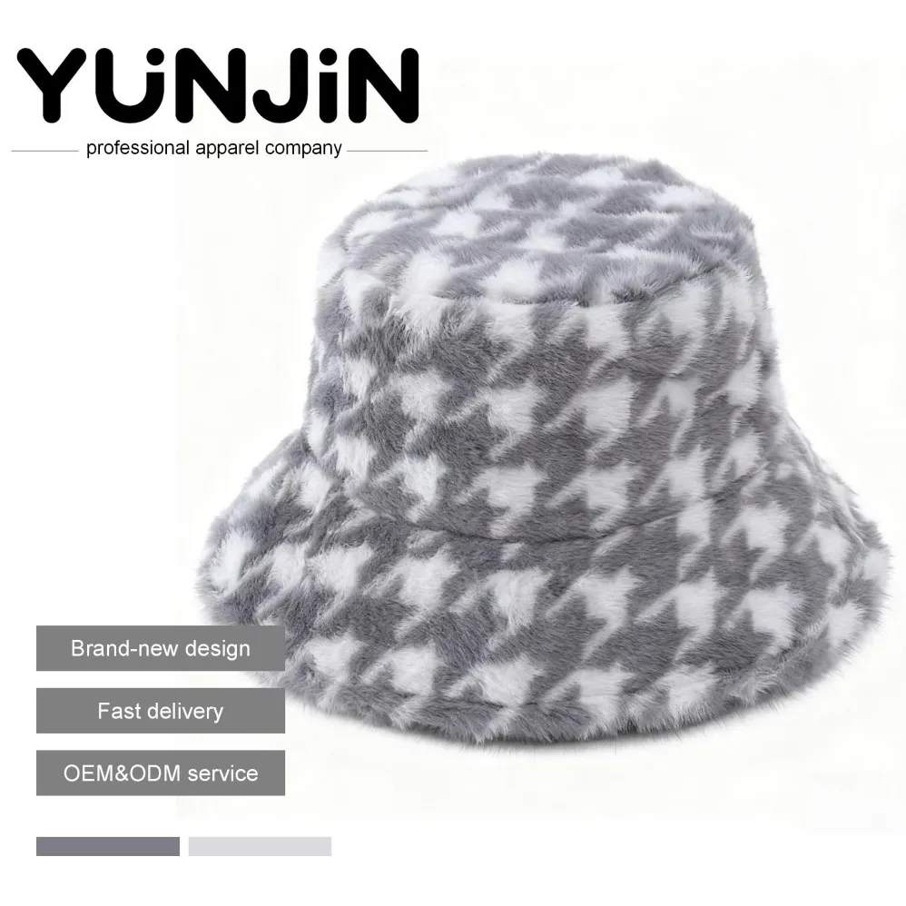 YUNJIN Logo Retro Grey-White Plaid Fluffy Bucket Hat