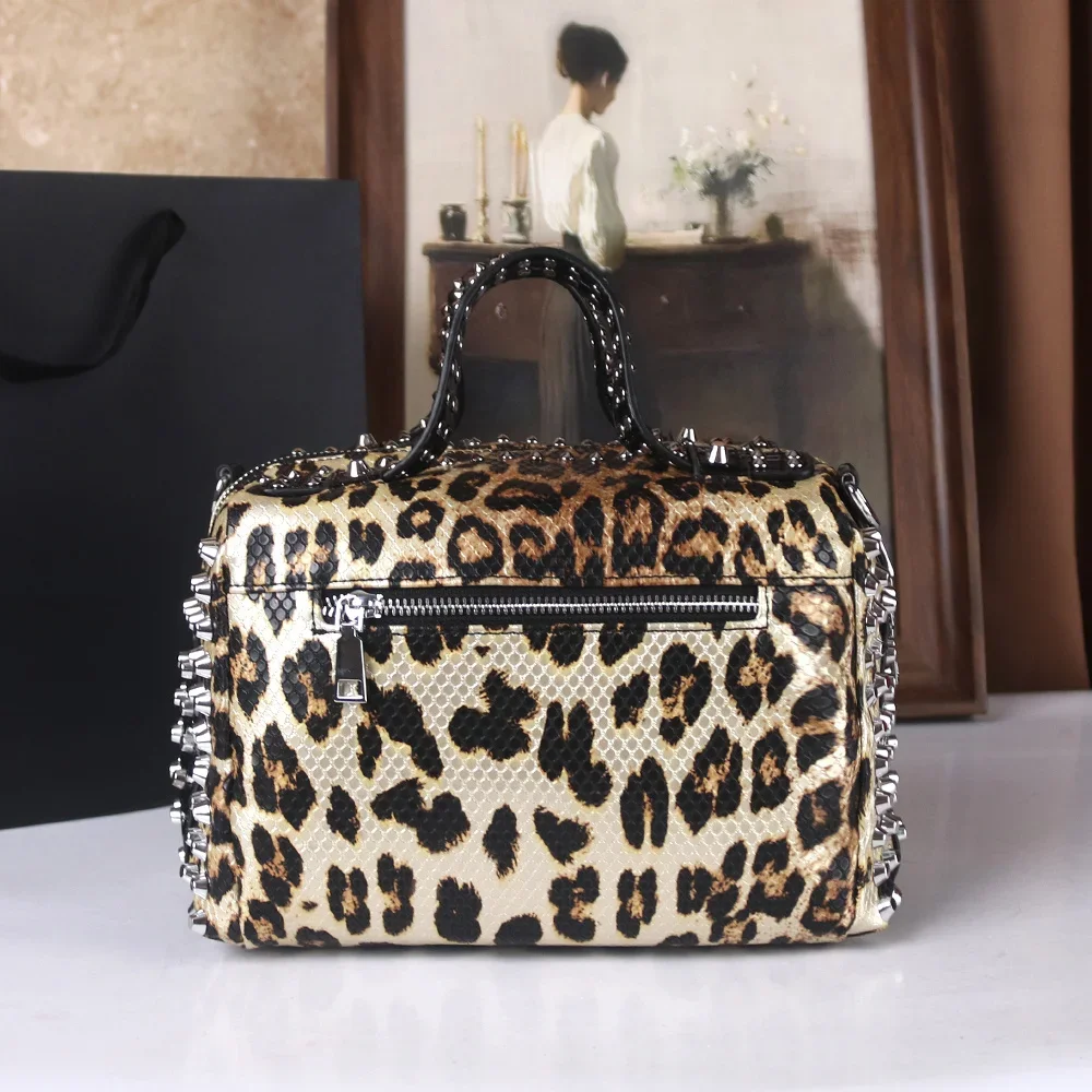 Leopard Punk Rhinestone Handbag - Large Capacity