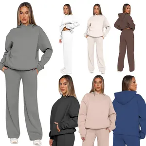 2025 Spring Fashion Casual Lady Outfits Solid Hooded Sweatshirts Pockets Loose Waist Wide Leg Trousers Female Suit Pants Set for