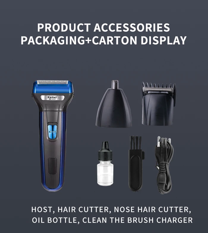 Net Pilot Light Nose Hair Device Barber Scissors Razor Kemei km-6332 3-In-1 Head Razor Floating Double Blade Shaver